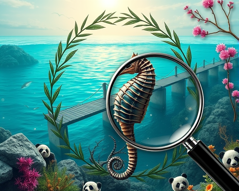 seahorse, bridge, wreath, panda, magnifying glass